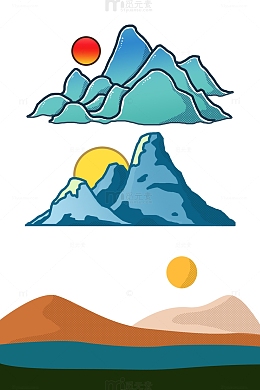 三个国潮手绘山体太阳风景
