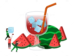 西瓜果汁果茶人物小场景