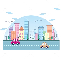 蓝色扁平化卡通城市建筑手绘素材