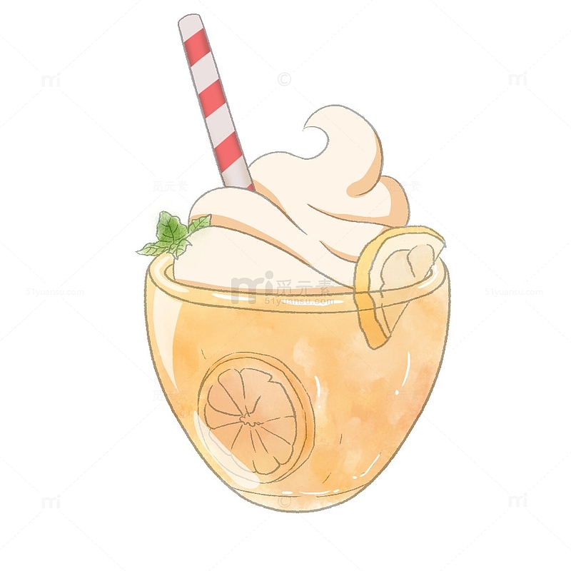 橙色清新水彩奶盖冰淇淋橙子饮品果茶手绘图