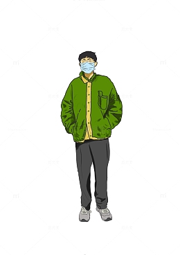 灰绿色简约戴口罩的男生手绘图