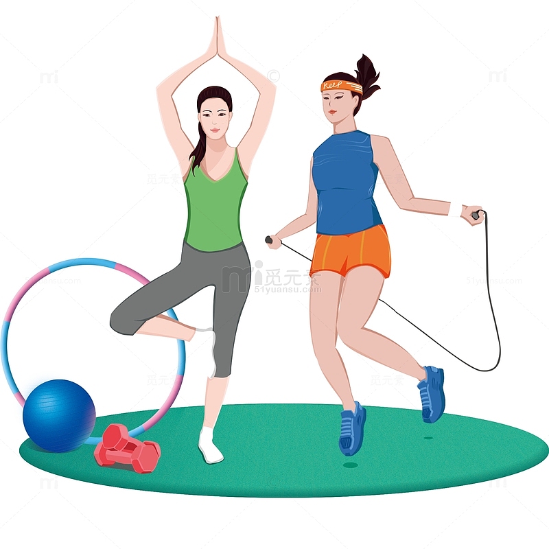 蓝绿色简约跳绳瑜伽工具健身手绘素材