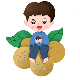 卡通手绘男孩坐在龙眼上吃烤地瓜元素