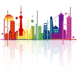 彩色渐变扁平城市剪影建筑高楼大厦风景插画