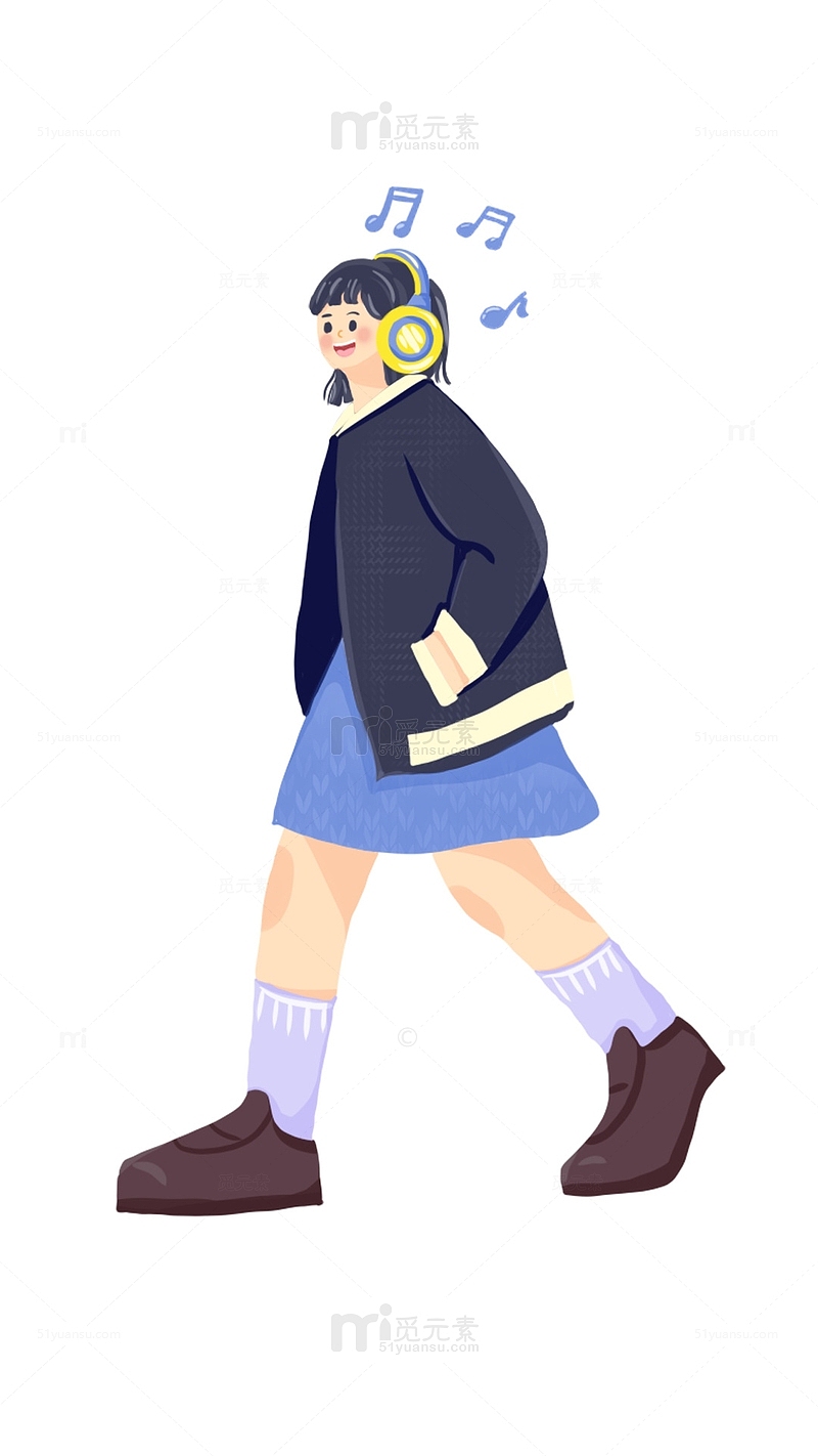 深蓝色路边漫步听音乐的少女扁平插画手绘图