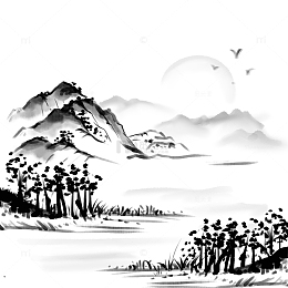 黑白山水画中国画山脉手绘元素