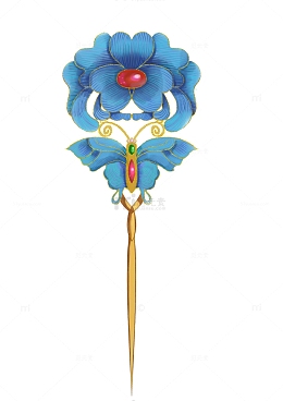蓝色华丽古风点翠蝶恋花发钗手绘图