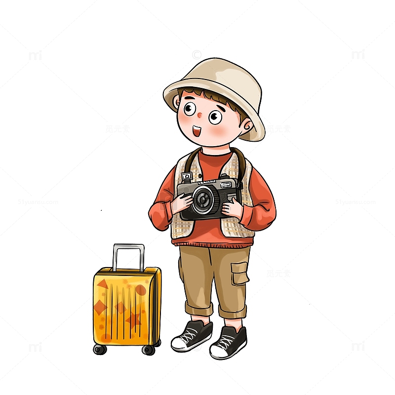 拿着相机的小男孩外地旅游人物手绘素材