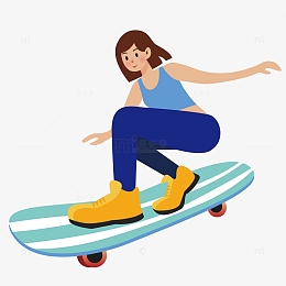 蓝色矢量滑板女孩健身手绘插画元素