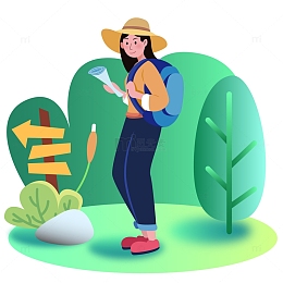 绿色小清新徒步女孩旅游手绘插画元素