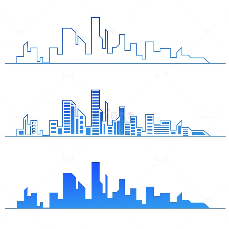 蓝色渐变城市建筑剪影高楼矢量