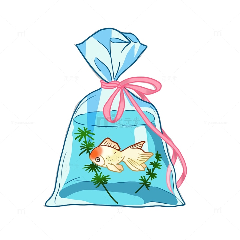 蓝色卡通扎蝴蝶结的一袋子小金鱼和水草