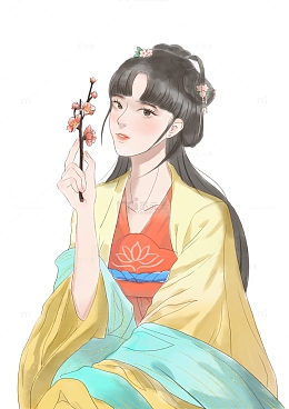 黄绿色古风唯美少女肖像手绘图