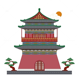 鼓楼旅游地标建筑扁平化元素