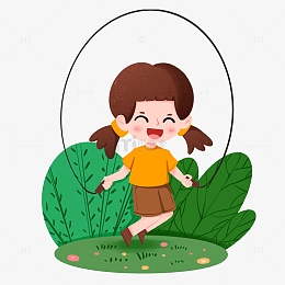 手绘在草坪上开心跳绳的女孩免抠元素
