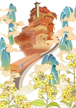 黄色国潮细腻风重庆洪崖洞手绘图