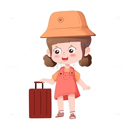 带帽子的女孩拉着皮箱出门旅游