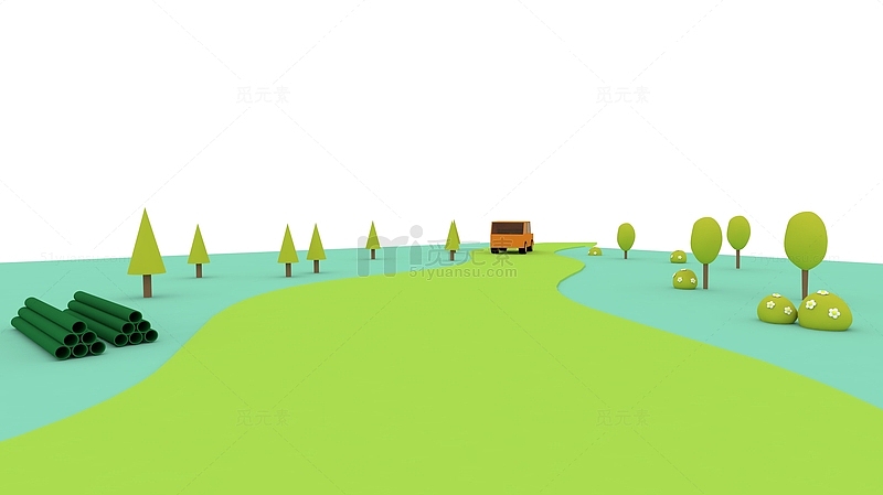 绿色小清新卡通小车旅游UI远方背景图3D
