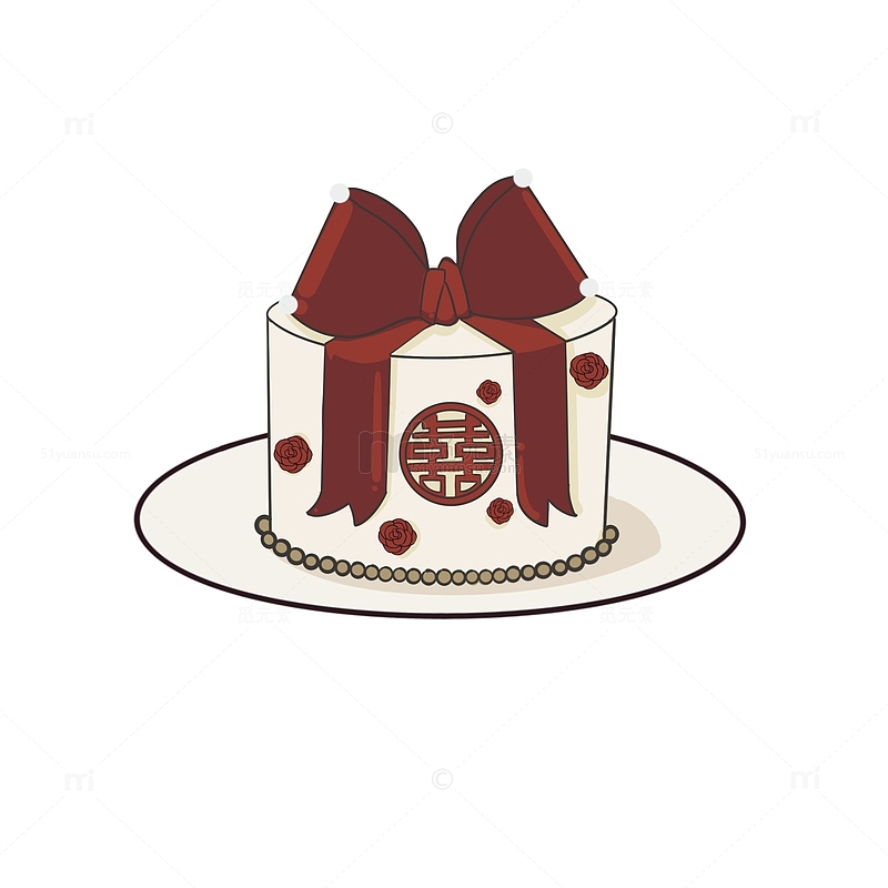 红色婚礼卡通蝴蝶结蛋糕手绘图