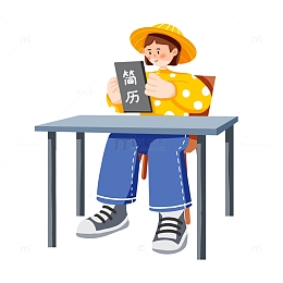 穿黄色衣服蓝色裤子看简历的招聘者手绘图