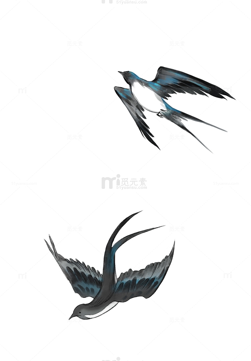 蓝黑色国风飞翔的小燕子手绘图
