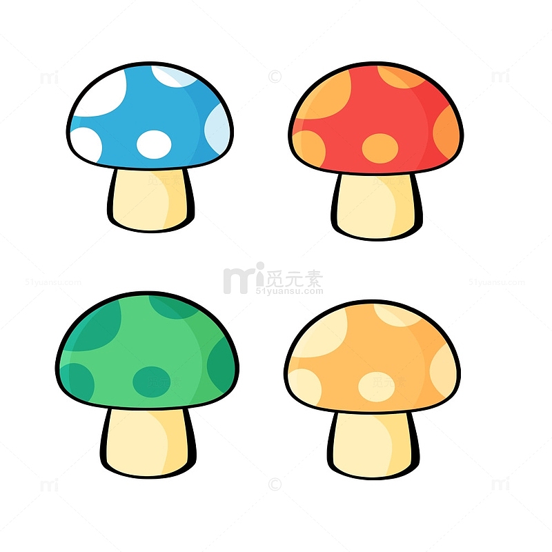 蓝色红色绿色黄色蘑菇卡通可爱手绘插画