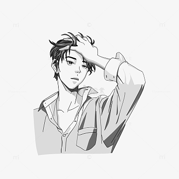 型男撩头发男孩手绘黑白卡通插画图