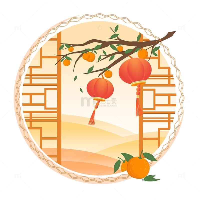 中国风窗花秋分季节桔子树灯笼装饰插画
