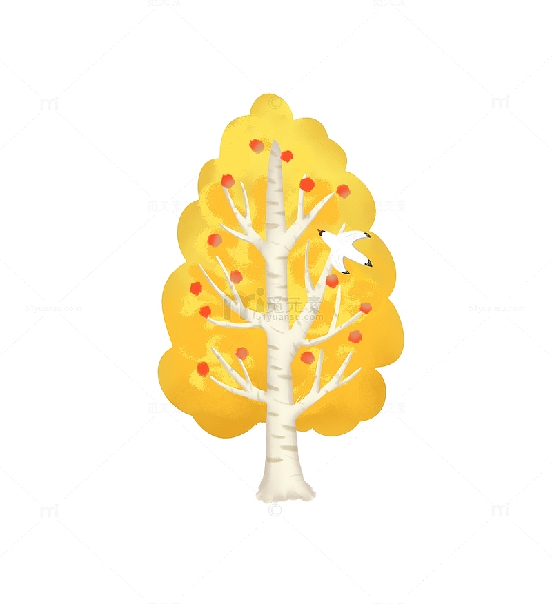 黄色小清新手绘秋分树木插图