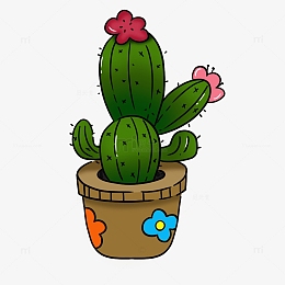 绿色卡通开红花的仙人球手绘图