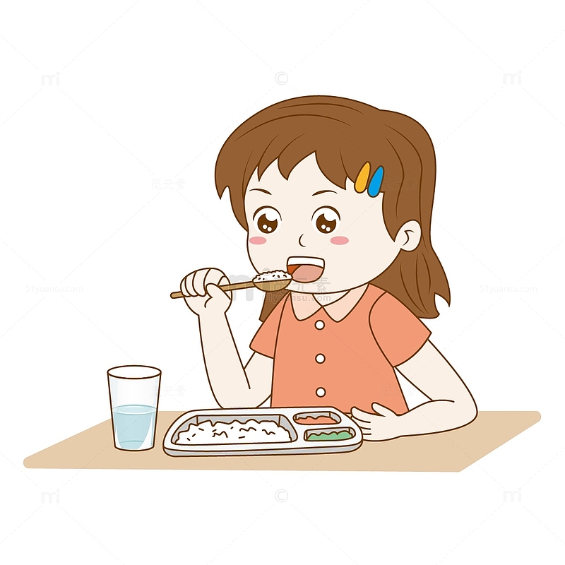 卡通吃饭的小女孩手绘图