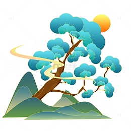 蓝色国潮封祥云树木矢量手绘插画元素