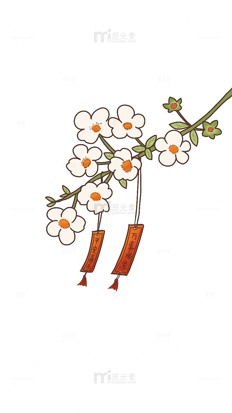 绣线菊古风国潮植物装饰祈福带扁平花卉插画