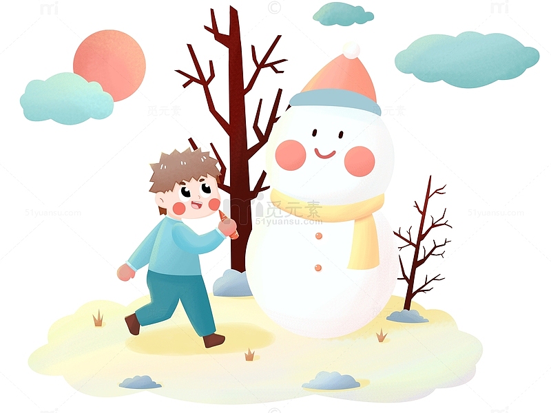 冬天立冬扁平风小男孩堆雪人童趣插画