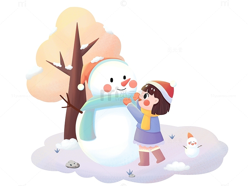 冬天扁平可爱卡通风格小女孩堆雪人插画