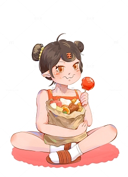 橘色日系赛璐璐抱零食坐姿女孩人物手绘居家
