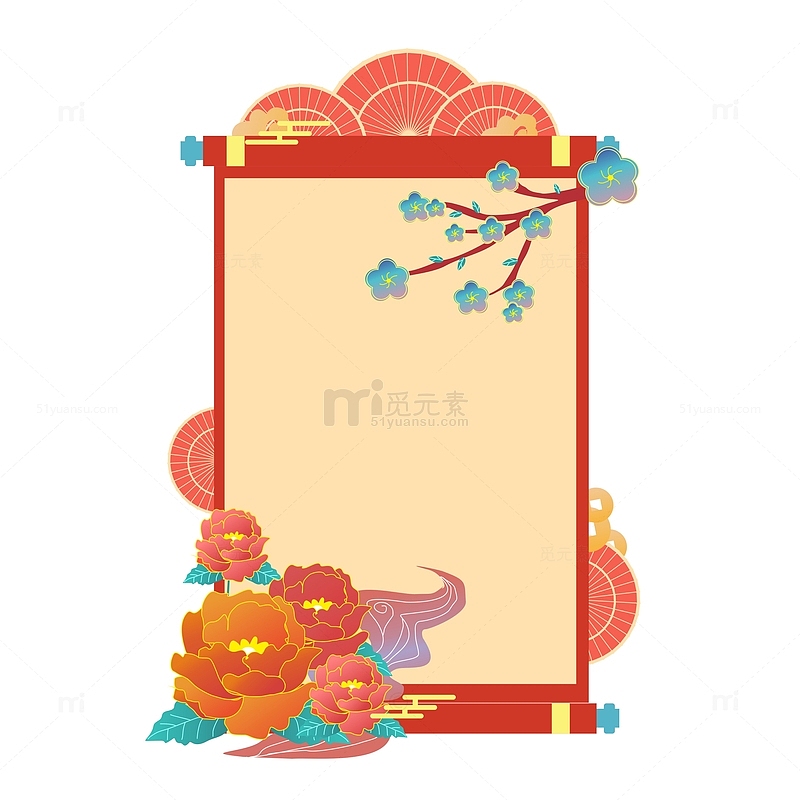 中国风中式卷轴国庆手绘牡丹红色边框