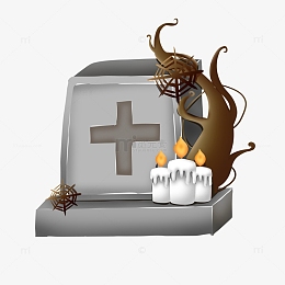 手绘万圣节墓碑蜡烛树木装饰元素