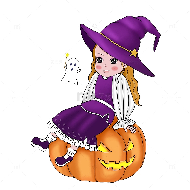 紫色，橙色，万圣节，小女巫，幽灵