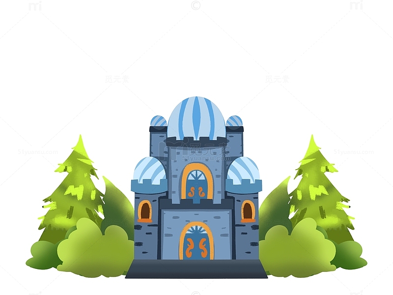 蓝色卡通手绘城堡手绘素材