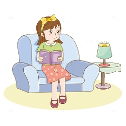 蓝色简约看书的小女孩手绘插画