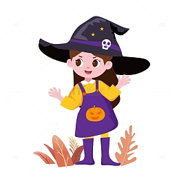 紫色扁平风万圣节小女孩手绘图