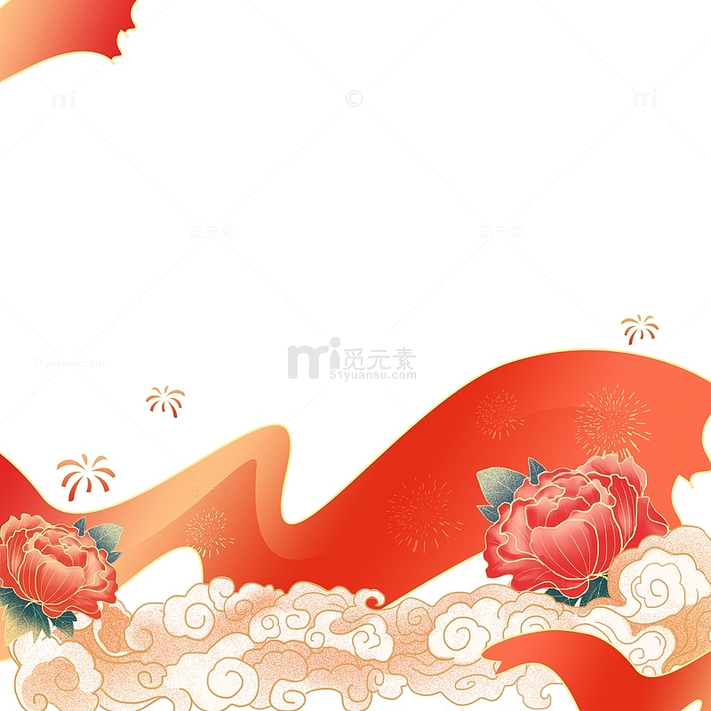 红色国潮中国风国庆牡丹祥云纹装饰