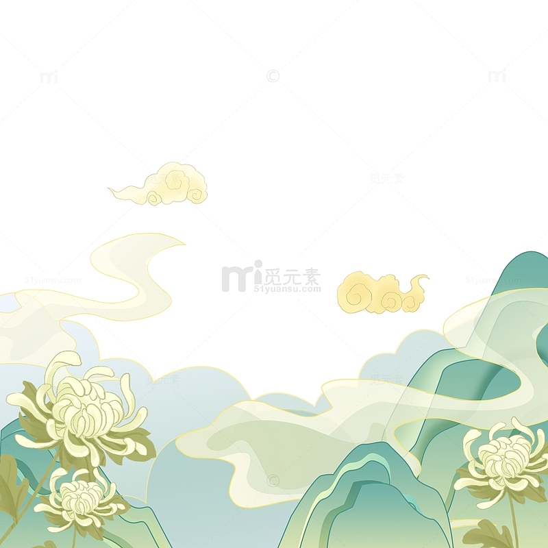 绿色中国风重阳节白菊花云雾底部纹理装饰