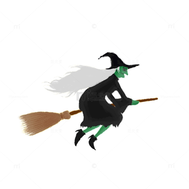 黑色绿色扁平女巫扫把万圣节手绘插画