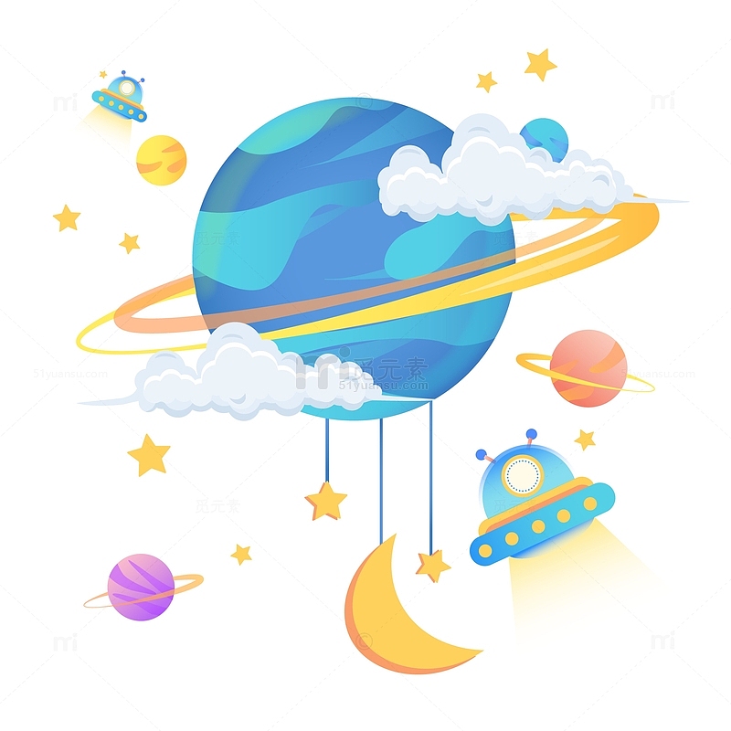 卡通可爱星球太空飞船装饰插画