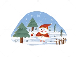 冬季雪人梅花雪地提灯笼松树元旦节庆插画