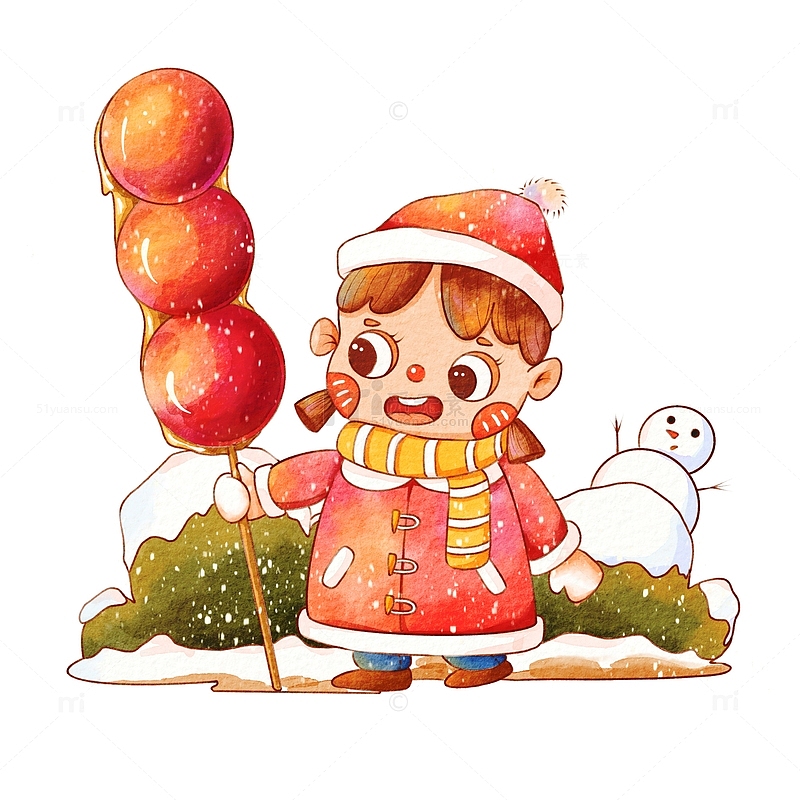 小女孩与糖葫芦下雪天元旦新年手绘图