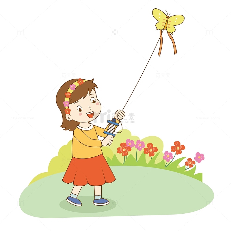 黄色卡通放风筝的小女孩手绘图
