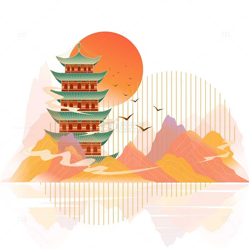 中国风传统山水古代建筑晚霞装饰插画